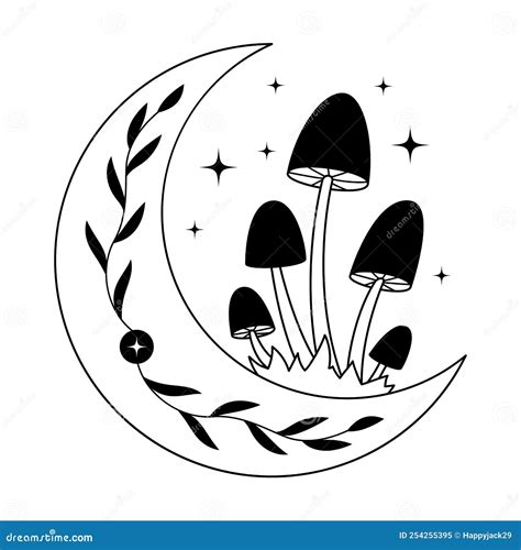 Mystical Mushrooms And Crescent Moon Clipart Magic Line Celestial