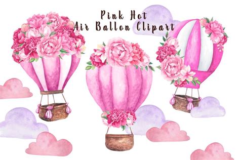 Watercolor Pink Hot Air Balloon Clipart Set Baby Shower PNG