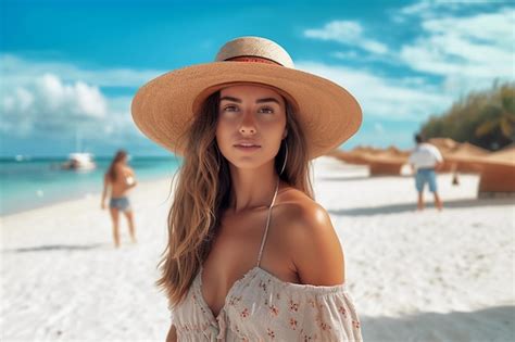 Una Mujer Con Sombrero Se Encuentra En Una Playa Foto Premium