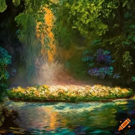 Monet Inspired Painting Of A Victorian Garden With Gold Angel Statues