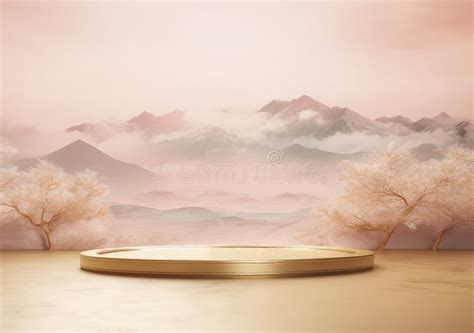 Minimal Studio Luxury Podium Display With Apple Blossom On Peach Pastel