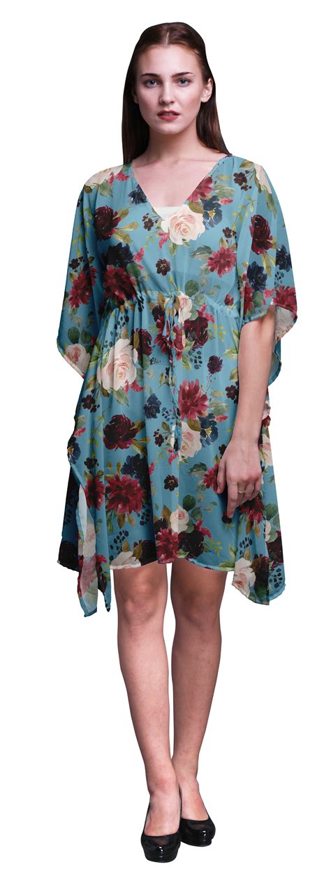 Bimba Light Blue Floral Leaves Peony Beach Kaftan Bikini Cover Up Womens Midi Dress Short