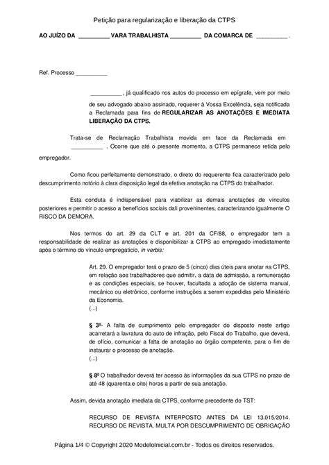 Modelo Peti O Para Regulariza O E Libera O Da Ctps