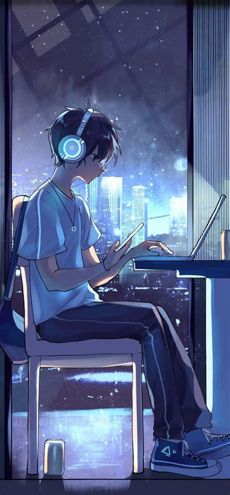 Download An introspective Anime Boy at his Computer Wallpaper ...