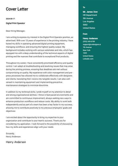 Digital Print Operator Cover Letter Examples And Templates For 2024 Cvdesigner Ai