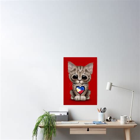 Cute Kitten Cat With Filipino Flag Heart Poster By JeffBartels