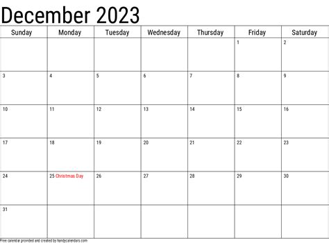 December 2023 Calendar - Handy Calendars