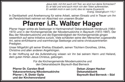 Traueranzeigen Von Walter Hager Nordbayerischer Kurier