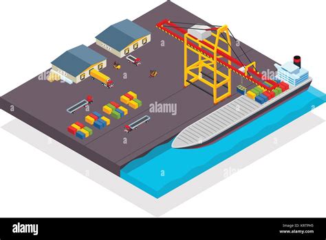 Vector de carga isométrica buques portacontenedores y concepto de grúa