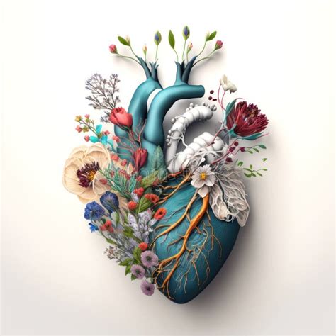 Anatomical 3d Human Heart In Flowers On A White Background A Symbol Of