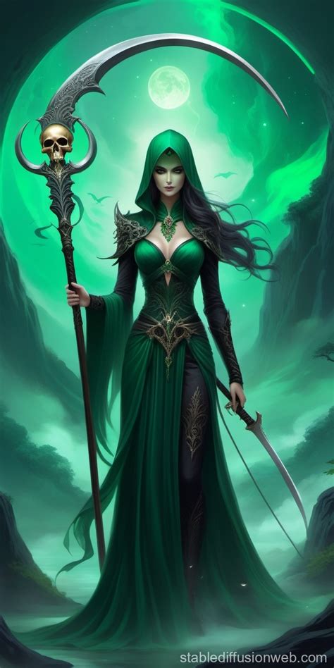 Dark Green Goddess of Death with Large Skull Scythe | Stable Diffusion ...