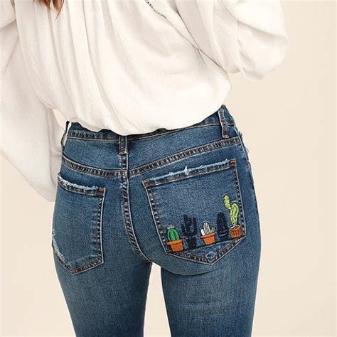 Cactus Embroidery Jeans Pocket Embroidery Jeans Embroidery Fashion