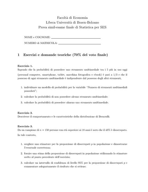 Prova Simil Esame Finale Facolt A Di Economia Libera Universit A Di