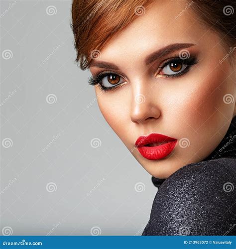 Beautiful Girl With Red Lips And Short Hair Pretty Face Of An Young