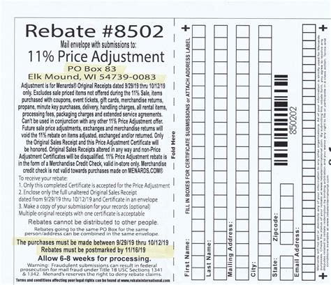 Menards 11% Price Adjustment Rebate #8502 – Purchases 9/29/19-10/12/19