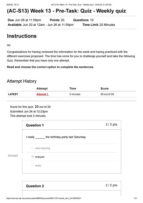AC S13 Week 13 Pre Task Quiz Weekly Quiz Ingles III 43120 AC
