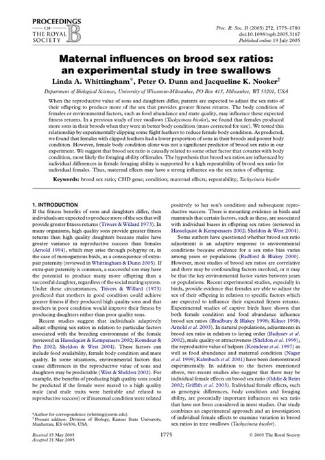 PDF Maternal Influences On Brood Sex Ratios An Experimental Study In Tree Swallows