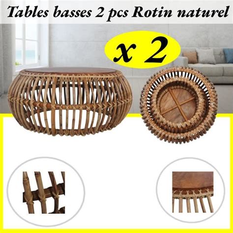 Tables Basses 2 Pcs Rotin Naturel Et Dessus De Table En Bois De Teck