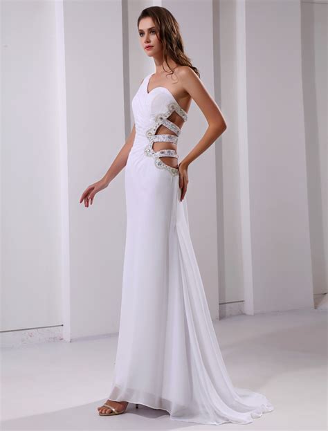 Sexy White Chiffon One Shoulder Cut Out Sweep Prom Dress