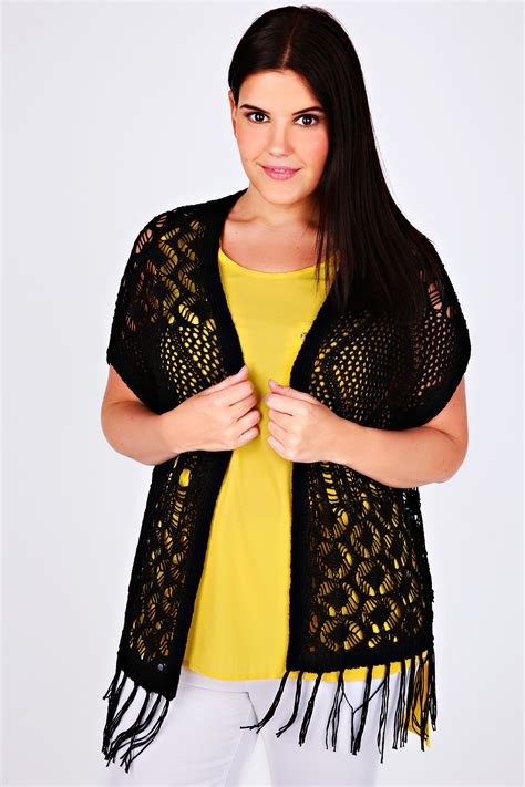 Black Crochet Knit Sleeveless Cardigan With Tassel Hem Plus Size 16 To 36