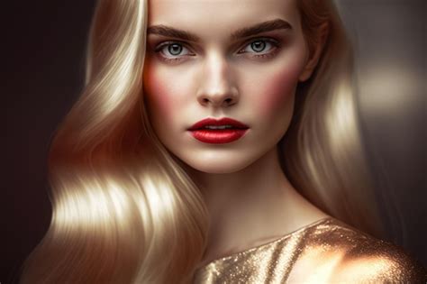 Premium AI Image Glamorous Woman With Long Blonde Hair And Red Lips Wearing A Sparkling Gold
