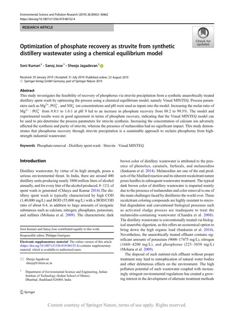 Optimization Of Phosphate Recovery As Struvite From Synthetic