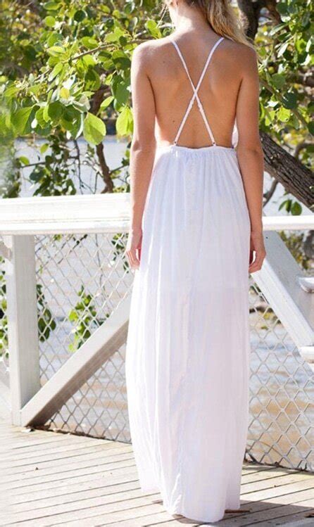 Deep Plunge Neck Backless Split Maxi White Dressfor Women Romwe