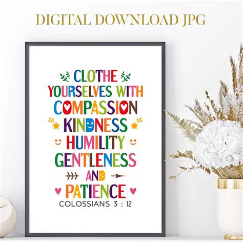 Bible Verse Poster Printable Clothe Yourself With Compassion Kindness Colossians 3 12