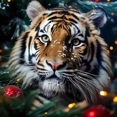 Premium AI Image Closeup Of A Tiger With A Christmas Tree In The