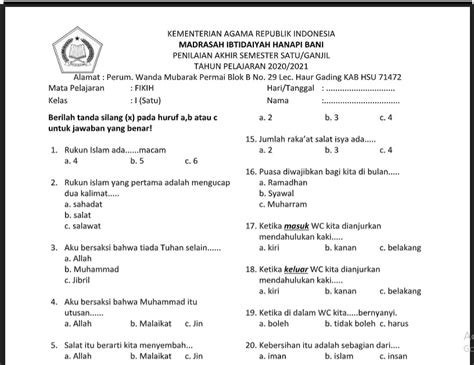 Unduh Contoh Soal PAS Fikih MI Kelas 1 Semester 1 Ganjil Sesuai