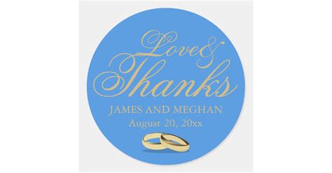 Blue And Gold Love And Thanks Personalized Wedding Classic Round Sticker