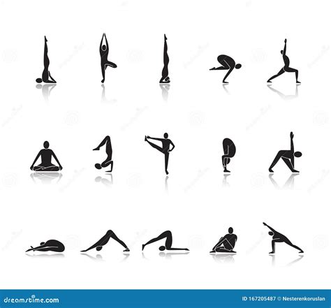 Yoga Asanas Drop Shadow Black Icons Set Stock Vector Illustration Of