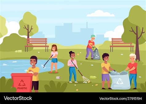 Children Collect Garbage Kids Cleaning Park Of Vector Image