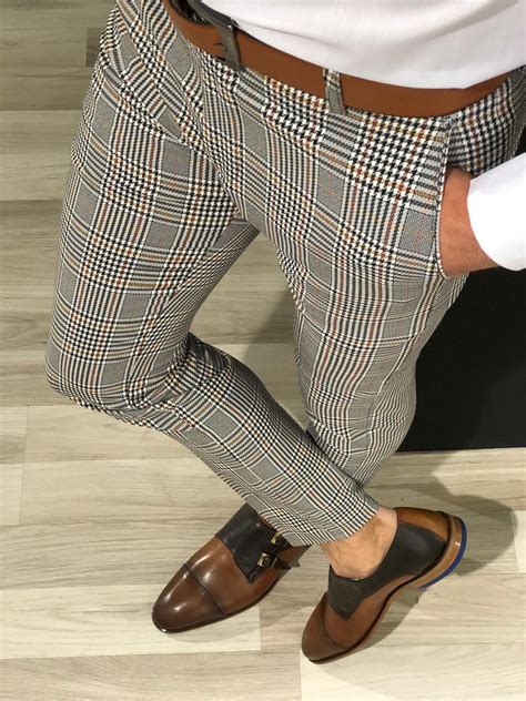 Ferra Slim Fit Plaid Pants In Orange Bojoni