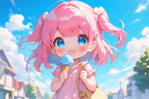 Cute Anime Chibi Girl with Pink Hair Eating Ice Cream on a Summer ...