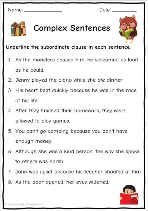 Complex Sentence Worksheets Subordinate Clause English Worksheets