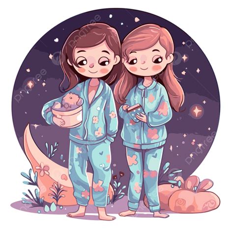 Pajama Party Vector Sticker Clipart Two Cartoon Characters In Pajamas