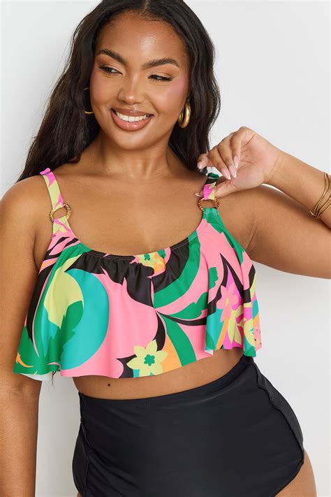 Yours Plus Size Pink Floral Print Frill Bikini Top Yours Clothing