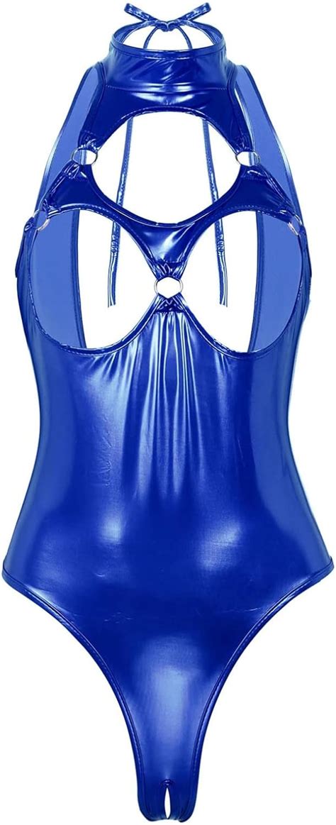 Amazon Iiniim Sexy Lingerie For Women Wet Look Leather Teddy Bodysuit Halter Neck Hollow