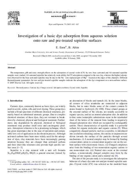 Pdf Investigation Of A Basic Dye Adsorption From Aqueous Solution Onto Raw And Pre Treated