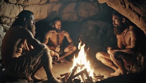 Premium Photo A Group Of Men Sit Around A Fire In A Cave One Of Them