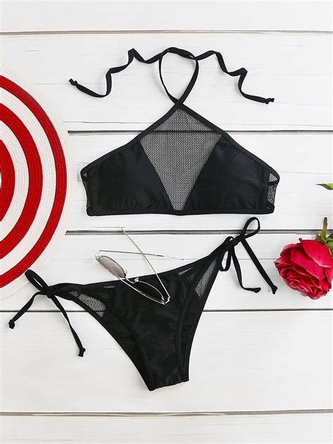 Net Detail Side Tie Bikini Set SheIn Sheinside