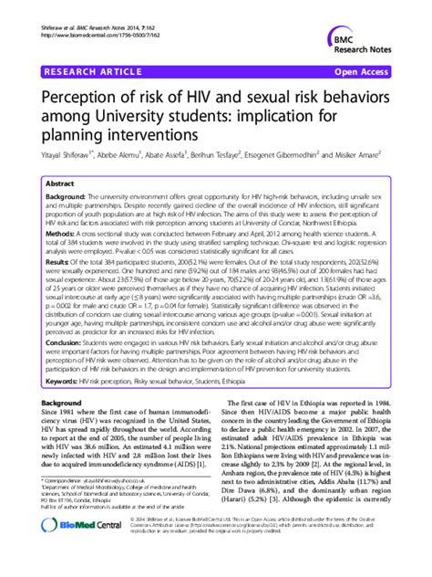 Pdf Perception Of Risk Of Hiv And Sexual Risk Behaviors Among