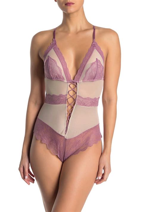 SECRET LACE Lace Nude Mesh Lace Up Bodysuit Nordstrom Rack
