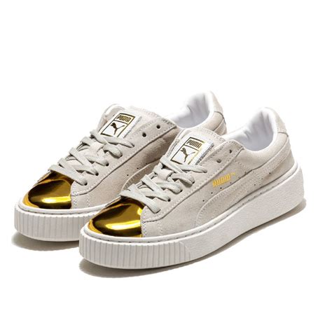 Puma Suede Platform Sneakers White Gold Puma Suede Platform Sneakers In White Suede With Gold