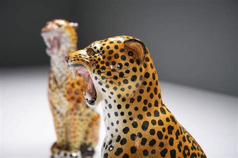 Stunning pair of vintage ceramic leopards sculptures made in Italy 1960s For Sale at 1stDibs