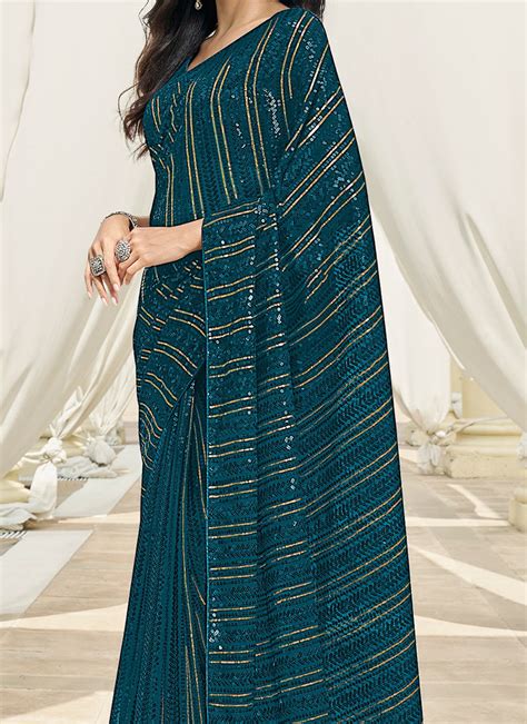 Buy Rama Blue Faux Georgette Embroidered Saree Party Wear Online At