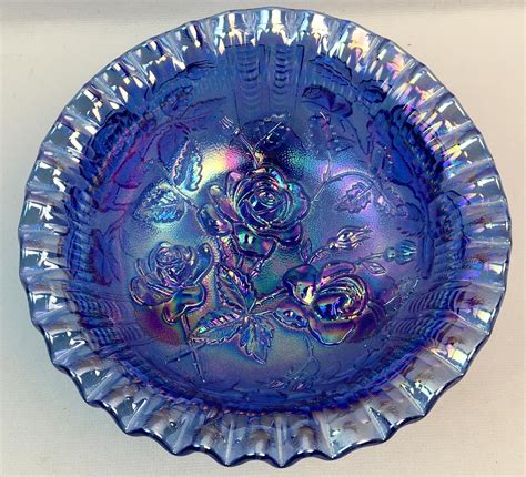 Lot Vintage Le Smith Glass Purple Iridescent Carnival Ruffled Edge Footed Bowl W Roses