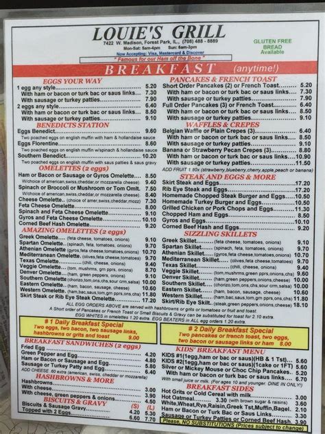 Menu at Louie's Grill restaurant, Forest Park