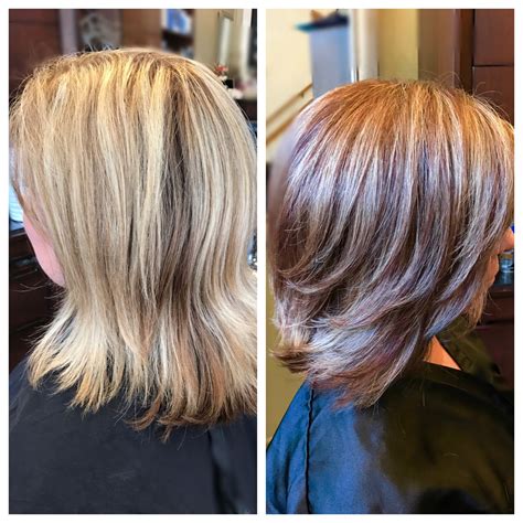 Covered Grey Regrowth Added Dimension By Adding Caramel And Auburn Lowlights Covering Gray